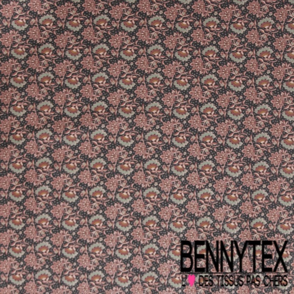 Popeline coton élasthanne digital imprimé floral cachemire amande rouille fond charbon