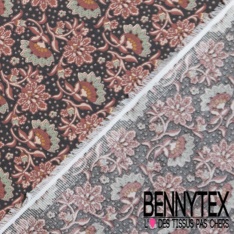 Popeline coton élasthanne digital imprimé floral jaune lilas orange lulmineux fond blanc discret