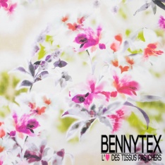 Satin polyester recyclé lourd imprimé grande fleur japonisante fond rouge profond