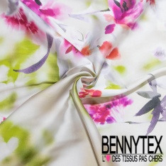 Satin polyester recyclé lourd imprimé grande fleur japonisante fond rouge profond