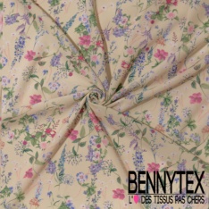Crêpe polyester digital imprimé floral champêtre fond vanille