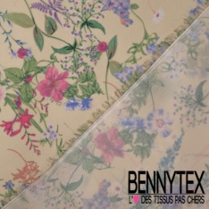 Crêpe polyester digital imprimé floral champêtre fond vanille