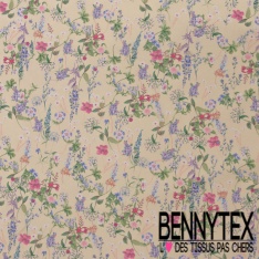 Crêpe polyester digital imprimé floral champêtre fond vanille