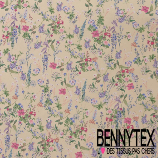 Crêpe polyester digital imprimé floral champêtre fond vanille