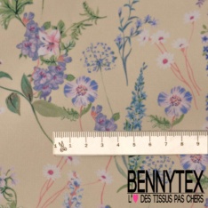Crêpe polyester digital imprimé floral champêtre fond vanille