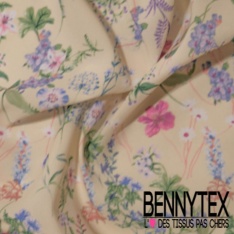 Crêpe polyester digital imprimé floral champêtre fond vanille