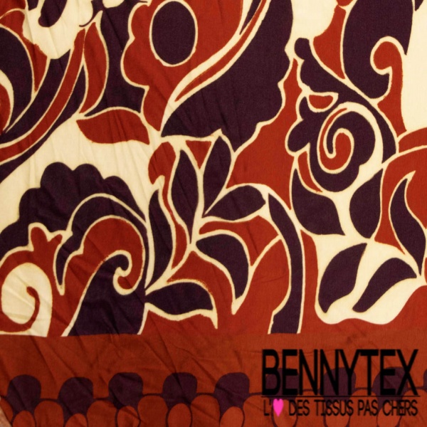 Jersey viscose imprimé digital simple base grande fleur et plante baroque aubergine rouille blanc cassé