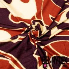 Jersey viscose imprimé palmier stylisé noir corail fond rose pastel