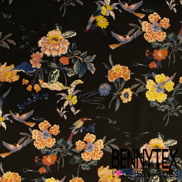 Fibranne viscose imprimé digital floral japonisant multicolore fond noir