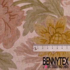 Crêpe coton texturé élasthanne digital motif papier peint rétro floral multicolore pastel poudré ton vieux rose