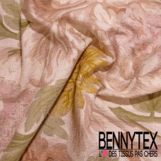 Crêpe coton texturé élasthanne digital motif papier peint rétro floral multicolore pastel poudré ton vieux rose