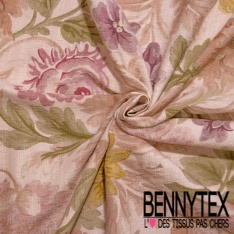 Crêpe coton texturé élasthanne digital motif papier peint rétro floral multicolore pastel poudré ton vieux rose