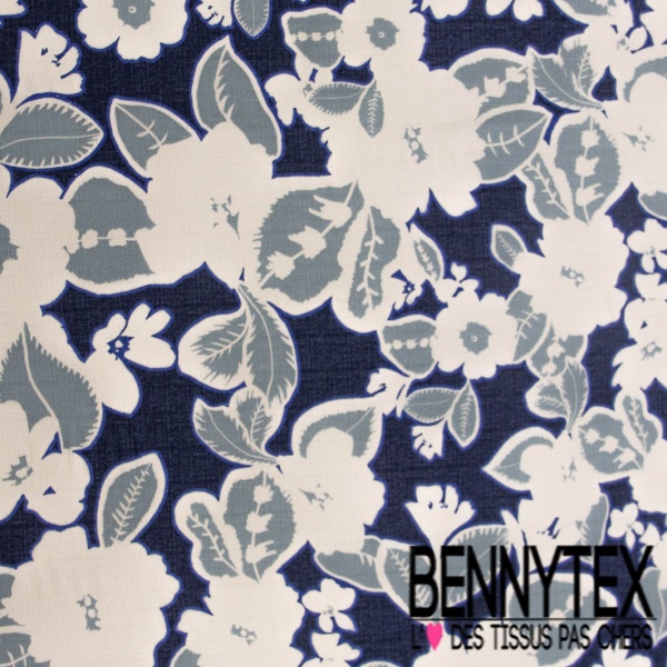 Crêpe coton texturé digital motif grande fleur naïve ton bleu charron blanc cassé bleu nuit bleu électrique