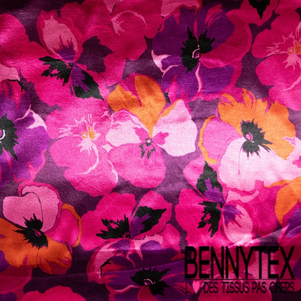 Satin polyester lourd recyclé digital imprimé grande fleur ton fushia violet orange noir