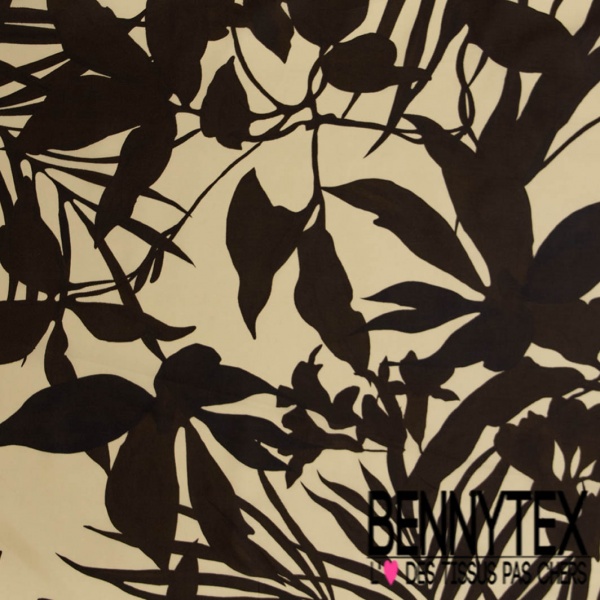 Popeline coton digital imprimé grande plante chocolat fond vanille