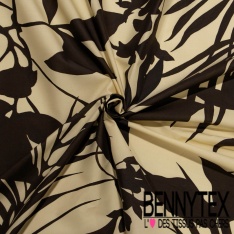 Popeline coton élasthanne digital imprimé floral cachemire amande rouille fond charbon