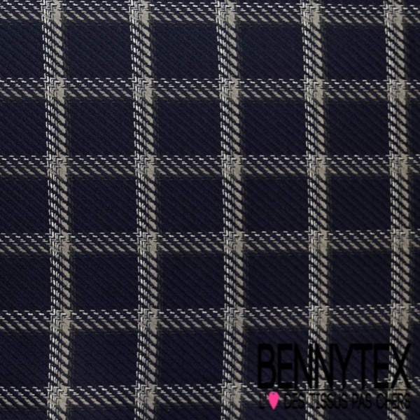 Coton natté quadrillage tartan blanc dicret gris clair fond marine