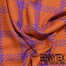 Coton natté motif tartan beige jaunâtre blanc optique marine