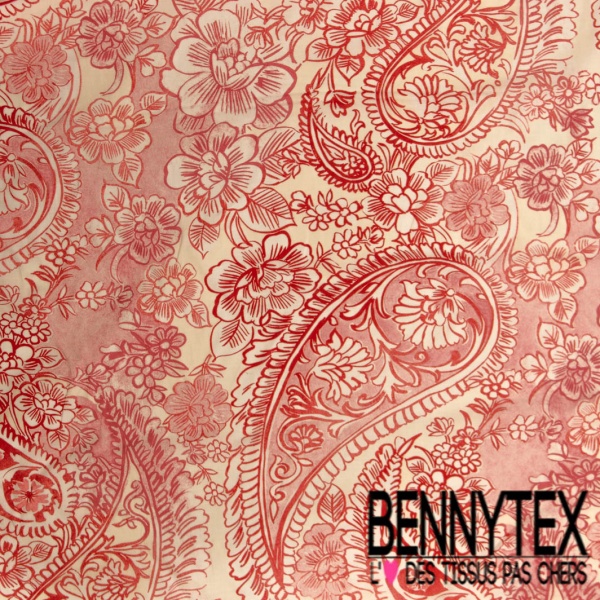 Voile de coton digital élasthanne imprimé cachemire rouge fond vanille blanc discret