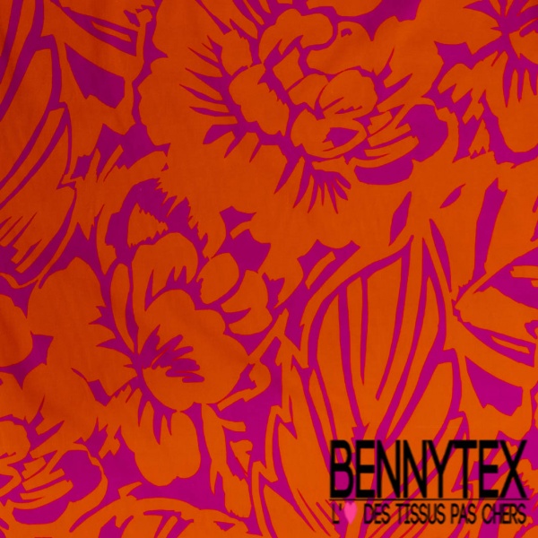 Voile de coton digital élasthanne imprimé grande fleur de tiarée framboise fond orange brûlée