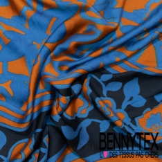 Fibranne viscose satinée imprimé digital grande fleur stylisée bleu électrique fond rosée du matin