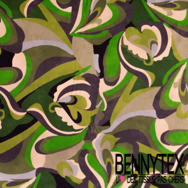 Fibranne viscose satinée imprimé digital cachemire floral stylisé camaïeu de vert et gris