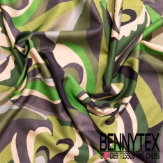 Fibranne viscose satinée imprimé digital simple base grande fleur au trait bleu vif fond cannelle