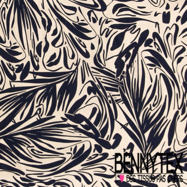 Crêpe viscose digital motif herbe folle navy fond blanc cassé