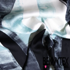 Satin viscose imprimé digital simple base noir forme géométrique orange brûlée fond blanc cassé