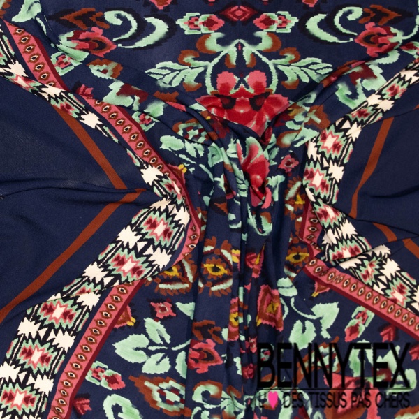 Crêpe viscose froissé digital double base motif amérindien fond marine