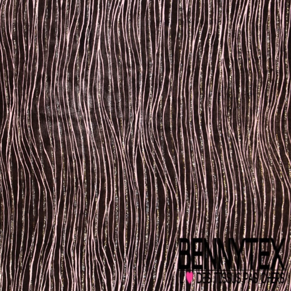 Mousseline crêpon viscose soie imprimé digital rayure fantaisie verticale parme noir lurex argent or petite laize