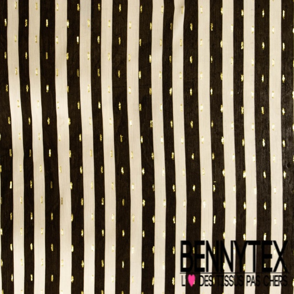Mousseline crêpon viscose imprimé digital rayure noir blanc cassé verticale rectangle lurex or