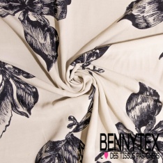 Crêpe viscose digital motif herbe folle navy fond blanc cassé