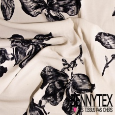 Crêpe viscose digital motif herbe folle navy fond blanc cassé