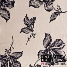 Crêpe viscose digital motif herbe folle navy fond blanc cassé