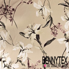 Satin polyester lourd recyclé digital imprimé grande fleur ton fushia violet orange noir