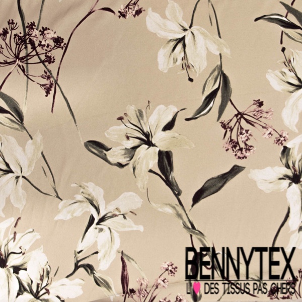 Satin polyester crêpé lourd recyclé digital imprimé grande lys fond beige pastel