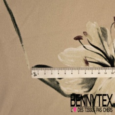 Satin polyester lourd recyclé digital imprimé grande fleur ton fushia violet orange noir