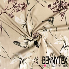 Satin polyester lourd recyclé digital imprimé grande fleur ton fushia violet orange noir