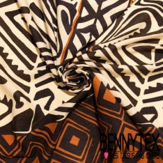 Lin coton digital imprimé carré seventie's cachemire orange beige fond blanc cassé