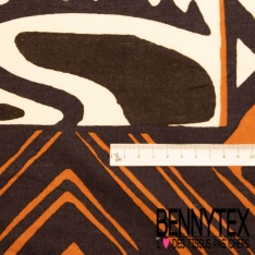 Lin coton digital imprimé carré seventie's cachemire orange beige fond blanc cassé