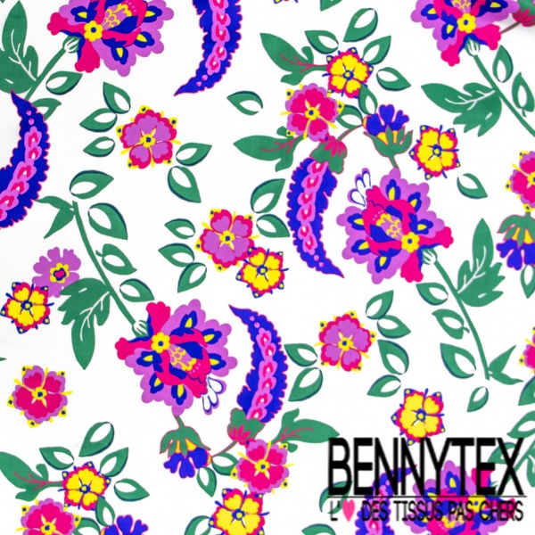 Satin coton élasthanne imprimé floral cachemire multicolore fond blanc discret