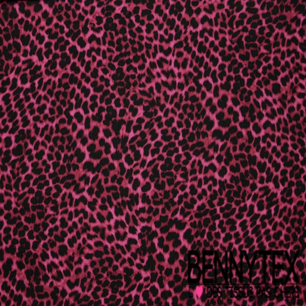 Maille double crêpe élasthanne motif léopard noir fond fushia