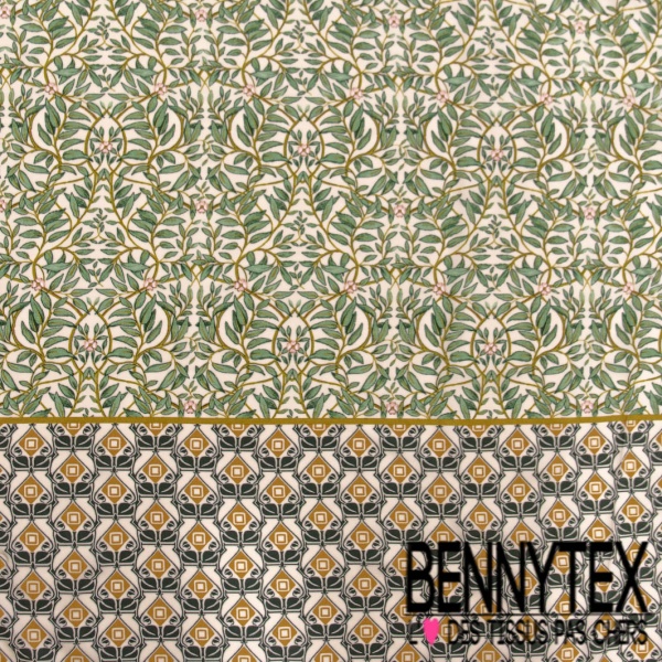 Fibranne viscose imprimé digital simple base motif feuillage vert fond blanc cassé
