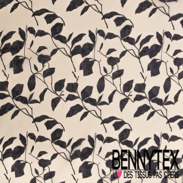 Voile de coton digital élasthanne imprimé feuille noir fond écru