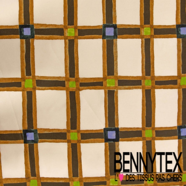 Lin coton imprimé digital quadrillage stylisé cannelle brun anis fond beige pastel