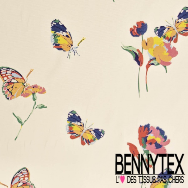 Coton digital ottoman motif papillon et fleur artistique multicolore fond blanc cassé