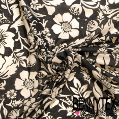Voile de coton digital élasthanne imprimé feuille noir fond écru