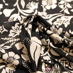 Voile de coton digital élasthanne imprimé feuille noir fond écru