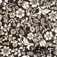 Voile de coton digital élasthanne imprimé feuille noir fond écru